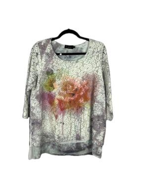 Goa Floral Lace Ombre Tie Dye 3/4 Sleeve Round Neck Top Medium White Grey